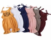 Personalized Baby girls linen ruffled summer romper jumper clothing