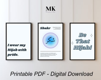 Hijab Motivation/Affirmation and Shukr Y2K Poster Set of 3 - Islamic Home Decor in Blue and Purple Aura - Modern Muslim Wall Art Prints