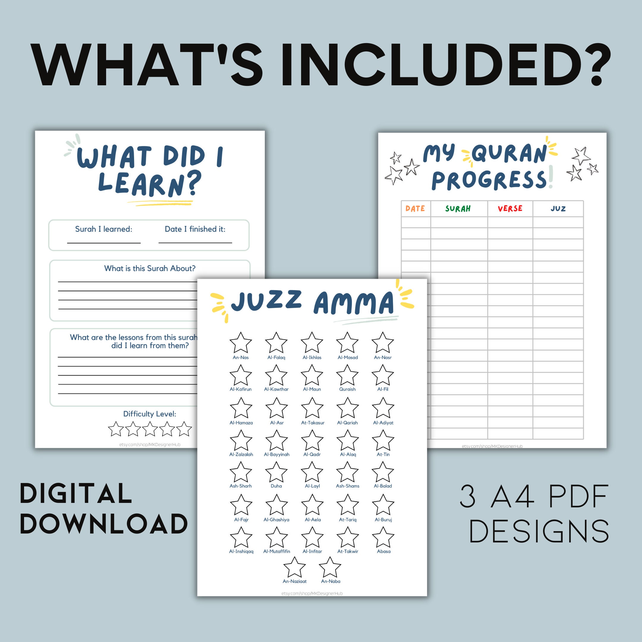 Printable Juzz Amma/ Juz 'ama Quran Progress Tracker and Reflection Set ...