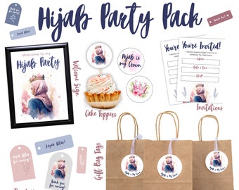 Hijab Party Pack Printable - Digital Download | Hijab Party Cake Toppers, Welcome Sign, Thank You Tags, Invitation & more | Hijab Party