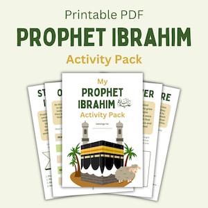 Pode incluir: Um pacote de atividades em PDF imprimível intitulado "Profeta Ibrahim". A capa apresenta uma ilustração da Kaaba, palmeiras e uma ovelha. O texto inclui "My Prophet Ibrahim Activity Pack" e "belongs to:" com espaço para um nome.