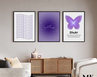 Gratitude Shukr/Affirmation Y2K Poster Set of 3 - Islamic Home Decor in Purple Gradient style Aura - Modern Muslim Wall Art Prints