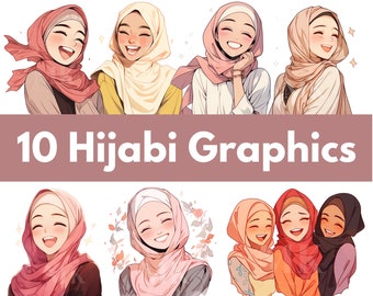 Set of 10 Happy Anime Hijabi Graphic PNGs | Instant Download | No eyes | Muslimah Characters for Social Media | Islamic AI generated Art