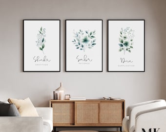 Printable Set of 3 Islamic Wall Art Floral Design Islamic Prints, Muslim Wall Art, Dua Shukr Sabr AI generated Printable Art