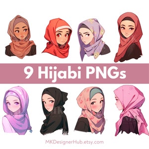 Set of 9 Anime Hijabi PNGs | Instant Download | Muslimah Characters for Digital Design | Kawaii Islamic AI generated Art
