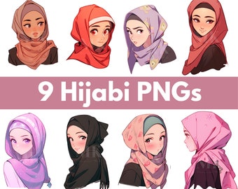 Ensemble de 9 PNG Anime Hijabi | Téléchargement instantané | Caractères Muslimah pour la conception numérique | Art généré par l'IA islamique de Kawaii