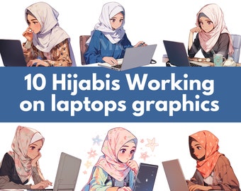 Set of 10 Hijabis Working on Laptops Graphic PNGs | Instant Download | Muslimah Characters for Social Media | Islamic AI generated Art