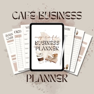 May include: A digital tablet displaying a "my café BUSINESS PLANNER" design, with a coffee cup, book, and glasses illustration. Surrounding the tablet are several planner pages with headings like "MARK CAMP" and "ORD". The overall theme is a business planner.