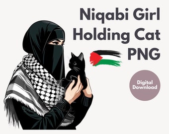 Niqabi and Black Cat - Digital Illustration, Instant Download AI generated Art, Contemporary Muslimah Art, Feminine Strength and Grace PNG