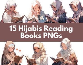 Set of 15 Bookworm Hijabis Holding Books Graphic PNGs | Instant Download | Muslimah Characters for Social Media | Islamic AI generated Art