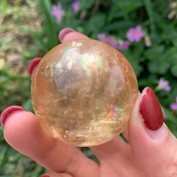 Optical Honey Calcite Sphere, Rainbow Calcite Sphere, Calcite Crystal Sphere for Crystal Grid, Healing Crystals, 40-45mm