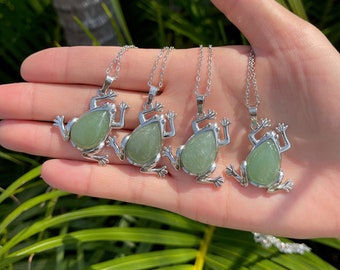 Green Aventurine Frog Pendant Necklace - Silver Plated Crystal Jewelry