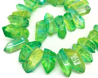 Natural Crystal Quartz Point Beads, Green Raw Crystal Points Bulk, 15.5 Inch