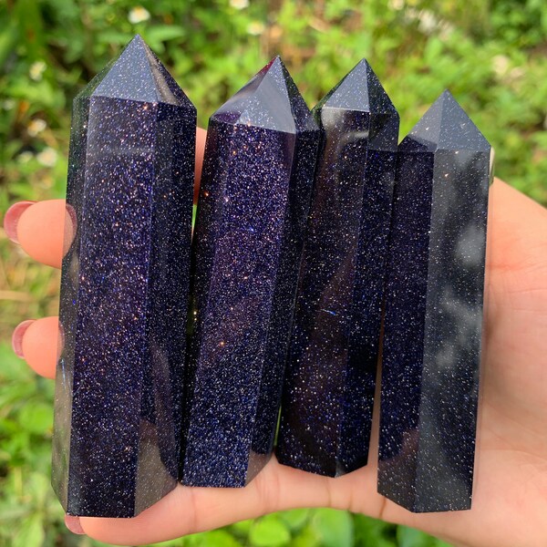 Blue Goldstone Point, Blue Sandstone Tower, gepolijste Sparkle Goldstone Tower, meditatiekristallen, helende kristallen, 3-3,5 inch