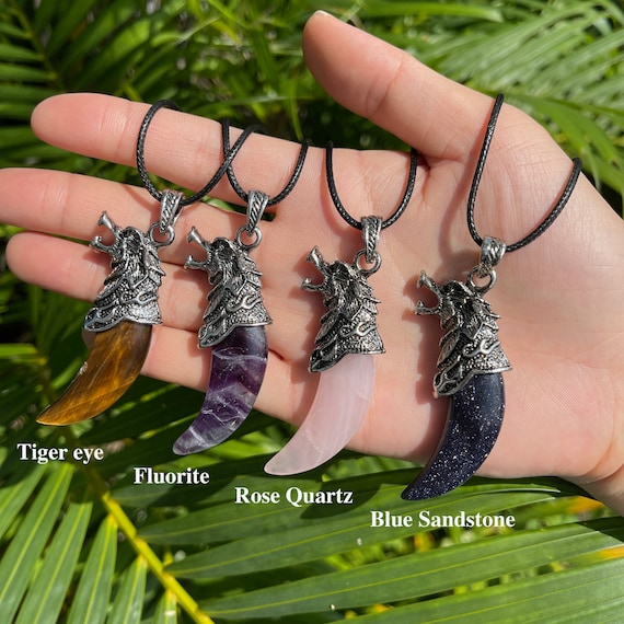 Crystal Wolf Tooth Pendant: Aventurine, Amethyst, Obsidian - Etsy