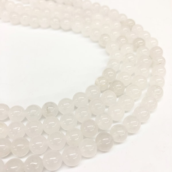 Natural White Jade Beads, Round Smooth Chalcedony Beads, Genuine Beads for Jewelry Making, Loose Beads, Strand Beads