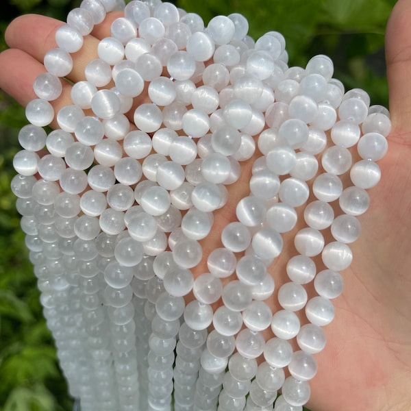 Natural Selenite Beads, Genuine Selenite Gemstone Beads, Round Smooth Beads for Jewelry Making, 6mm, 8mm, 10mm