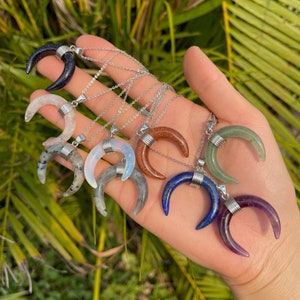 Crystal Crescent Moon Pendant: Aventurine, Amethyst, Quartz, and More
