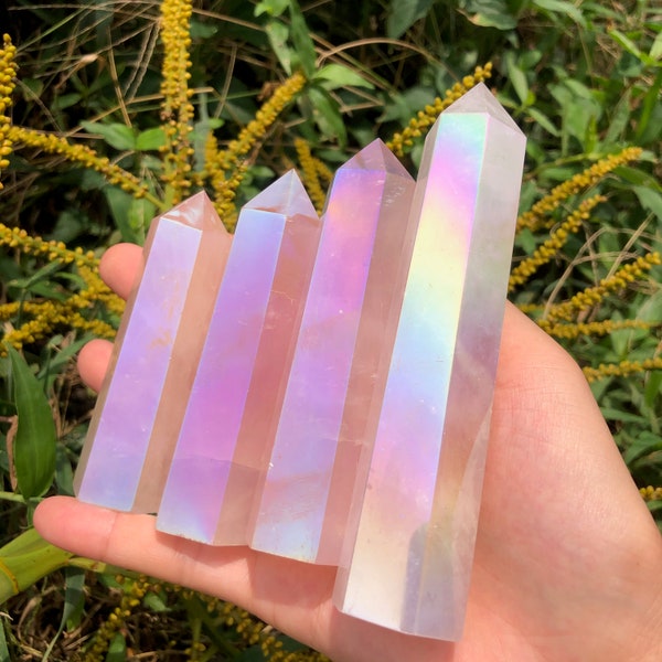 Angel Aura Rose Quartz Point, Rainbow Rose Quartz Tower, Aura Point, Coated Rose Quartz Wand, Healing Crystals, 3''-5''