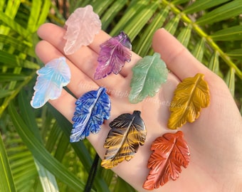 Crystal Leaf Pendant: Gemstone Carving, Autumn Decor