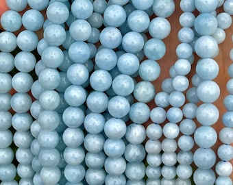 Genuine Aquamarine Beads: Round Smooth Gemstone Crystal Beads
