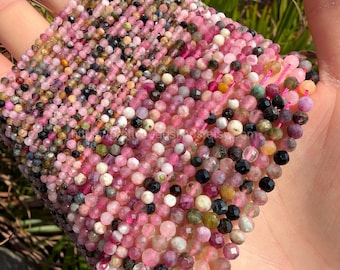 Tiny Faceted Watermelon Tourmaline Beads 2-4mm, Mixed Color Gemstone Beads for Jewelry Making, 15" Strand