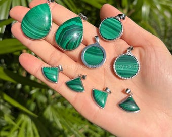 Natural Malachite Pendant for Jewelry DIY: Oval, Sector, Round, Silver Plated