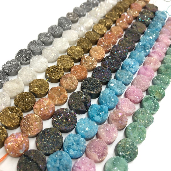 Natural Druzy Agate Cabochon, Round Flat Druzy Agate Beads, Druzy Cabs Druzy en titane foré pour la fabrication de bijoux, Druzy Quartz