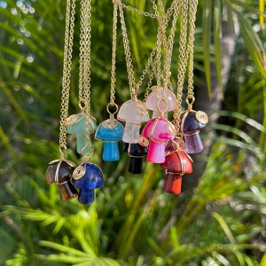 Gold Wire Wrapped Crystal Mushroom Necklace: Agate, Quartz, Jasper