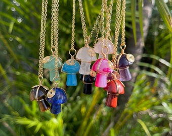 Gold Wire Wrapped Crystal Mushroom Necklace: Agate, Quartz, Jasper