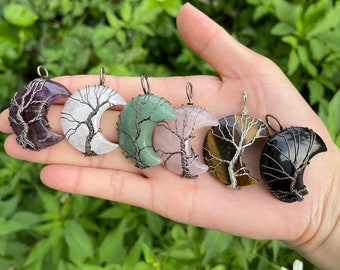 Tree Of Life Crescent Moon Pendant, Big Gemstone Moon Crescent Wire Wrapped Pendant, 6 Kinds Healing Stone, Crystal Gift