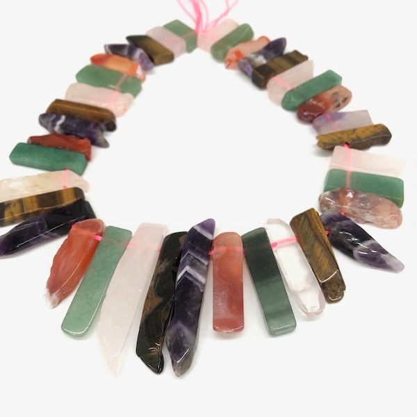 5 Kinds of Crystal Gemstone Points Beads, Top Drilled Crystal Stick, Amethyst, Carnelian, Rose Quartz, Tiger Eye, Green Aventurine