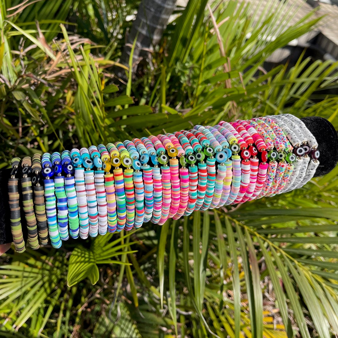 Polymer Clay Bracelet, Evil Eye Charm Bracelet, Handmade Elastic Heishi