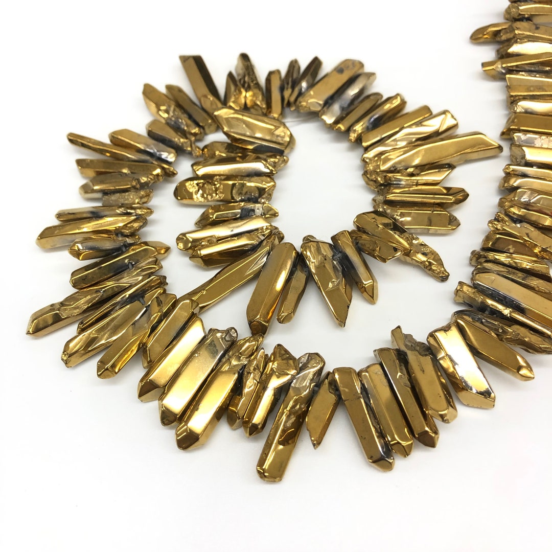 Titanium Coated Crystal Quartz Point Beads – Polished Spikes – 16 Inch Strand