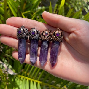 Amethyst Point Pendant: Antique Brass Crystal Necklace Charm