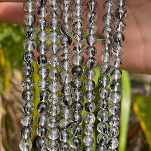Cuentas de cuarzo rutilado de turmalina negra transparente, cuentas redondas de cuarzo rutilo negro de calidad AAAA, cuentas de pulsera, 6 mm, 8 mm