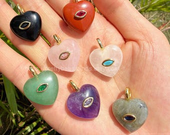 Natural Crystal Heart Pendant with CZ Eye for Necklace&Bracelets DIY, 25mm
