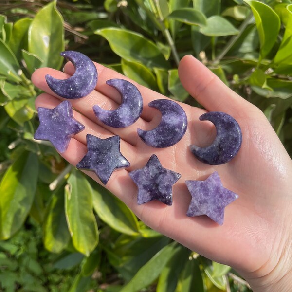 Croissant de Lune de Lépidolite, Étoile de Lépidolite Flashy, Lune de Mica Violette, Ensemble d’Étoile de Lune de Cristal, Pierre de Poche, Pour Bijoux En Fil De Fer