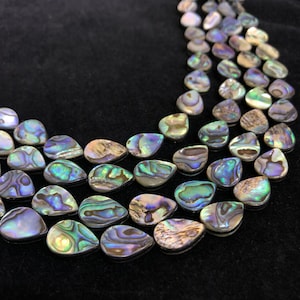 May include: A strand of iridescent abalone shell beads in a teardrop shape. The beads are strung on a clear thread and are arranged in a cascading pattern.