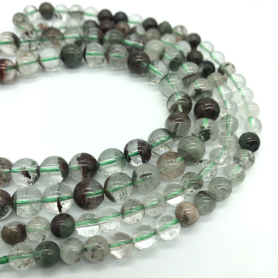 Natural Lodolite Quartz Beads, Green Phantom Quartz Beads, Garden