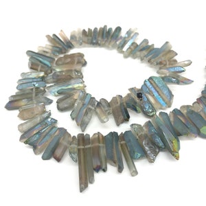 Electroplated Crystal Quartz Point Beads: Grayish Blue Raw Crystal Tower (15.5&#39;&#39;)
