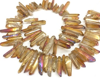 15.5 Inch Champagne Quartz Point Beads: Natural Crystal Obelisk