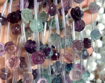 Rainbow Fluorite Flower Beads: 3D Rose Crystal, 8-12mm