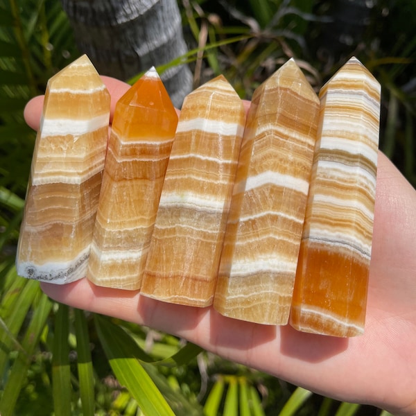 Banded Orange Calcite Tower, Banded Calcite Point, Obelisk Crystal, Energy Balancing, Reiki Healing, Healing Crystal