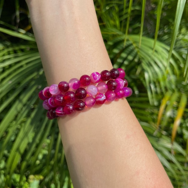 Pink Banded Agate Bracelet, Gemstone Bracelet, Stretchy Crystal Bracelet, Wholesale Bracelets, Gift for Her, Beaded Bracelet