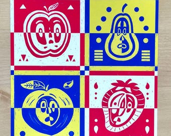 Scared Fruit Giclée Print: Colorful Block Art (5x5)