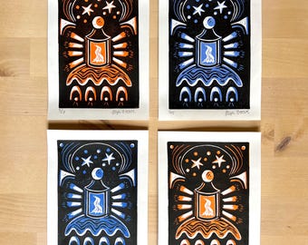 Limited Edition Night Lantern Linocut Print - Handmade Original Art Print (5x7)