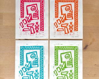 Limited Edition Skeleton Linocut Block Print | 5 x 7 Mini Print | Printmaking | Handmade