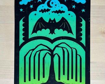 Bat and Willow Tree Art Print: Spooky Whimsical Giclée (8x10) (Digital Print)
