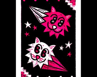 Limited Edition Cat Comet Linocut Print: Handmade Whimsical Space Art | Kitty | Outer Space